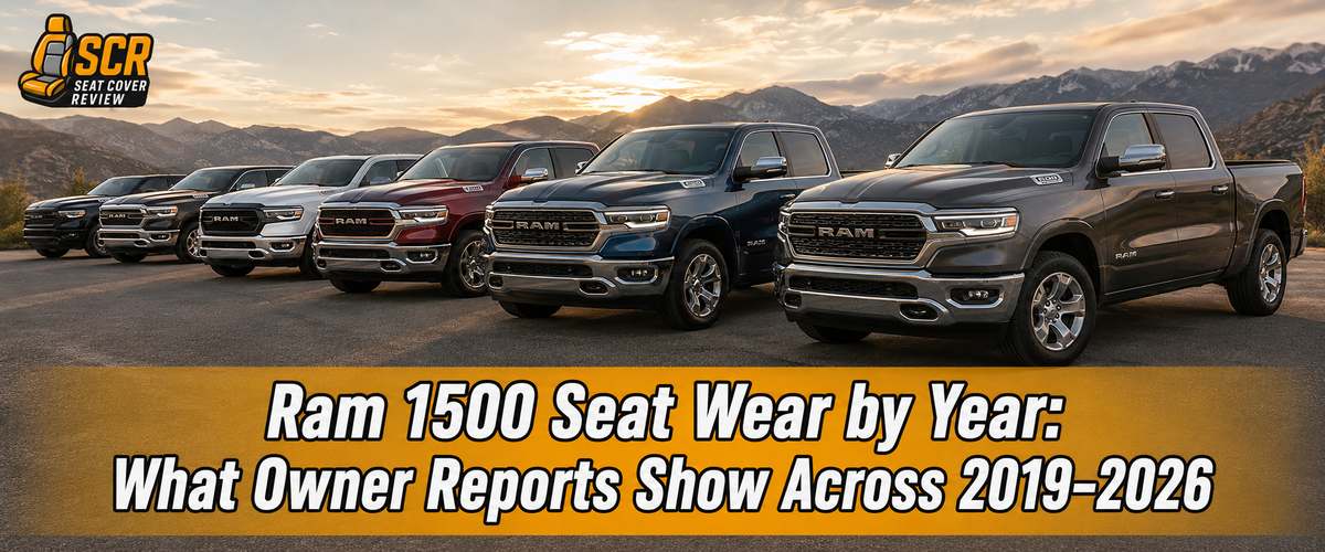 Ram 1500 trucks representing 2019–2026 seat wear trends based on owner reports across Laramie, BigHorn, and Limited trims.