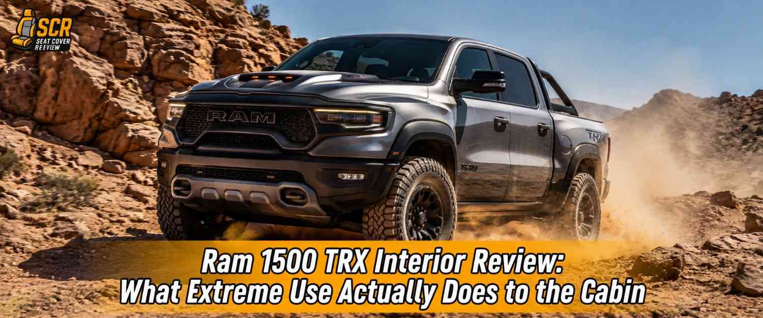 Ram 1500 TRX driving through desert terrain showcasing its premium interior built for extreme off road durability.
