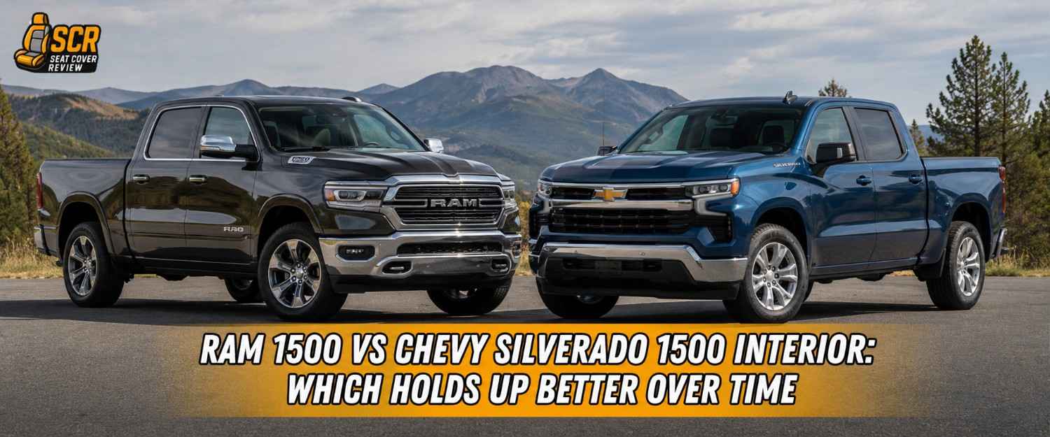 Ram 1500 and Chevy Silverado 1500 parked side by side highlighting interior durability and long-term seat wear comparison.