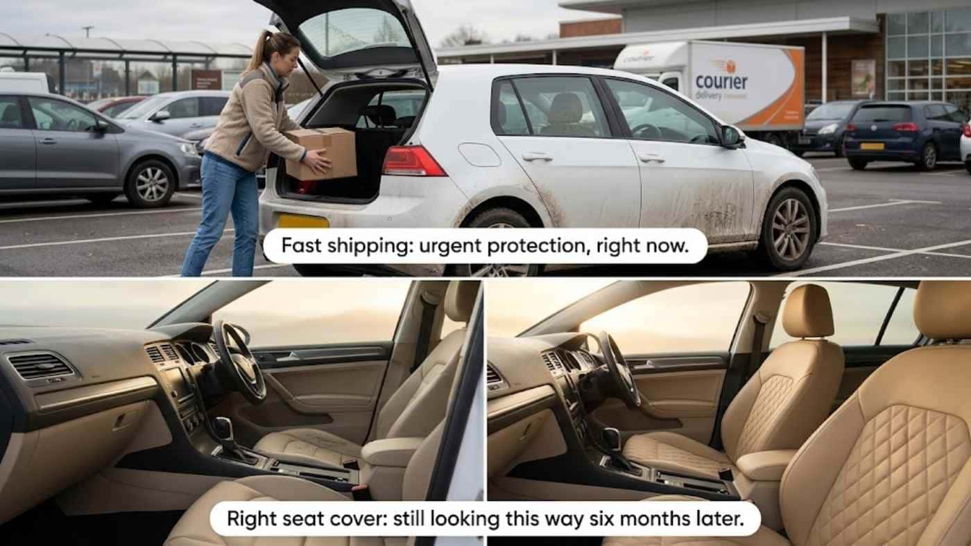 Fast-shipping seat cover comparison showing urgent delivery, lasting fit, and factory-style interior appearance after months of use.