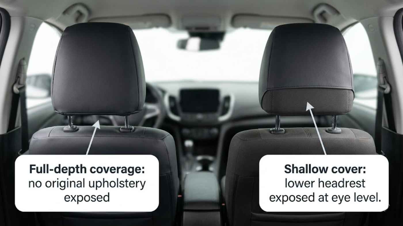 Comparison of full-depth and shallow headrest covers shows complete upholstery coverage versus exposed lower headrest fabric.