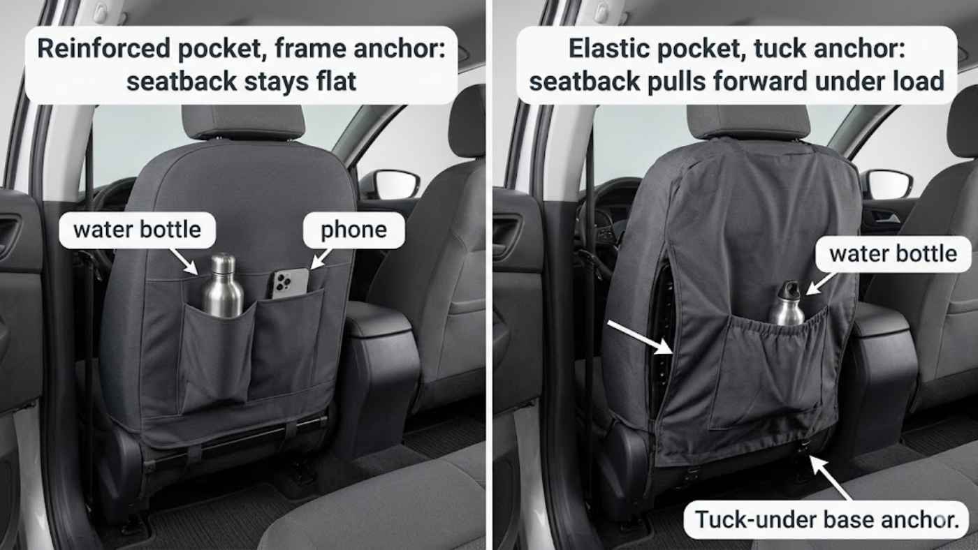 Comparison of reinforced seat cover back pockets holding bottle and phone beside sagging elastic pocket under load.