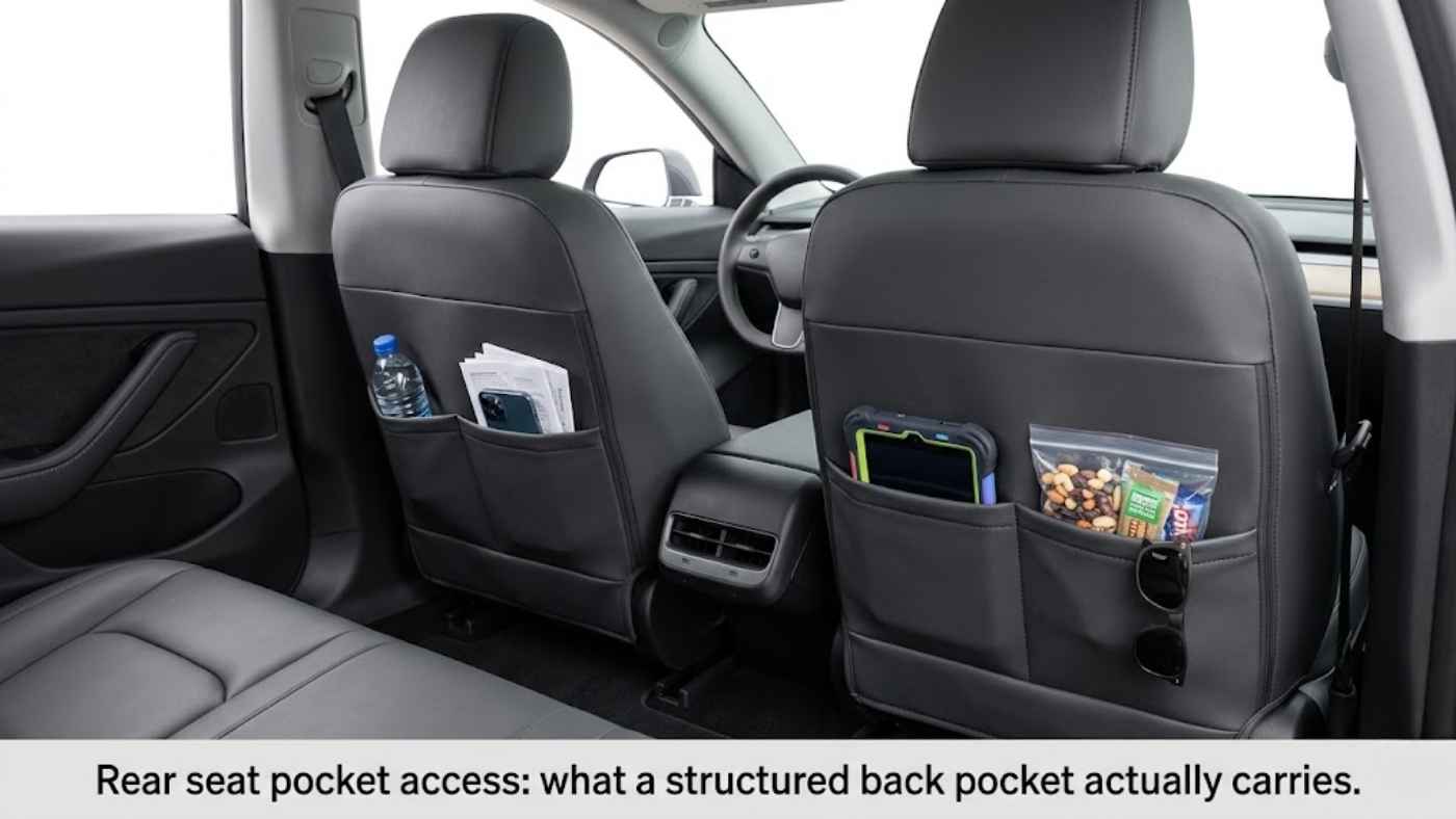 Structured seat cover back pockets holding bottles, phone, papers and snacks for tidy rear-seat storage on daily drives.