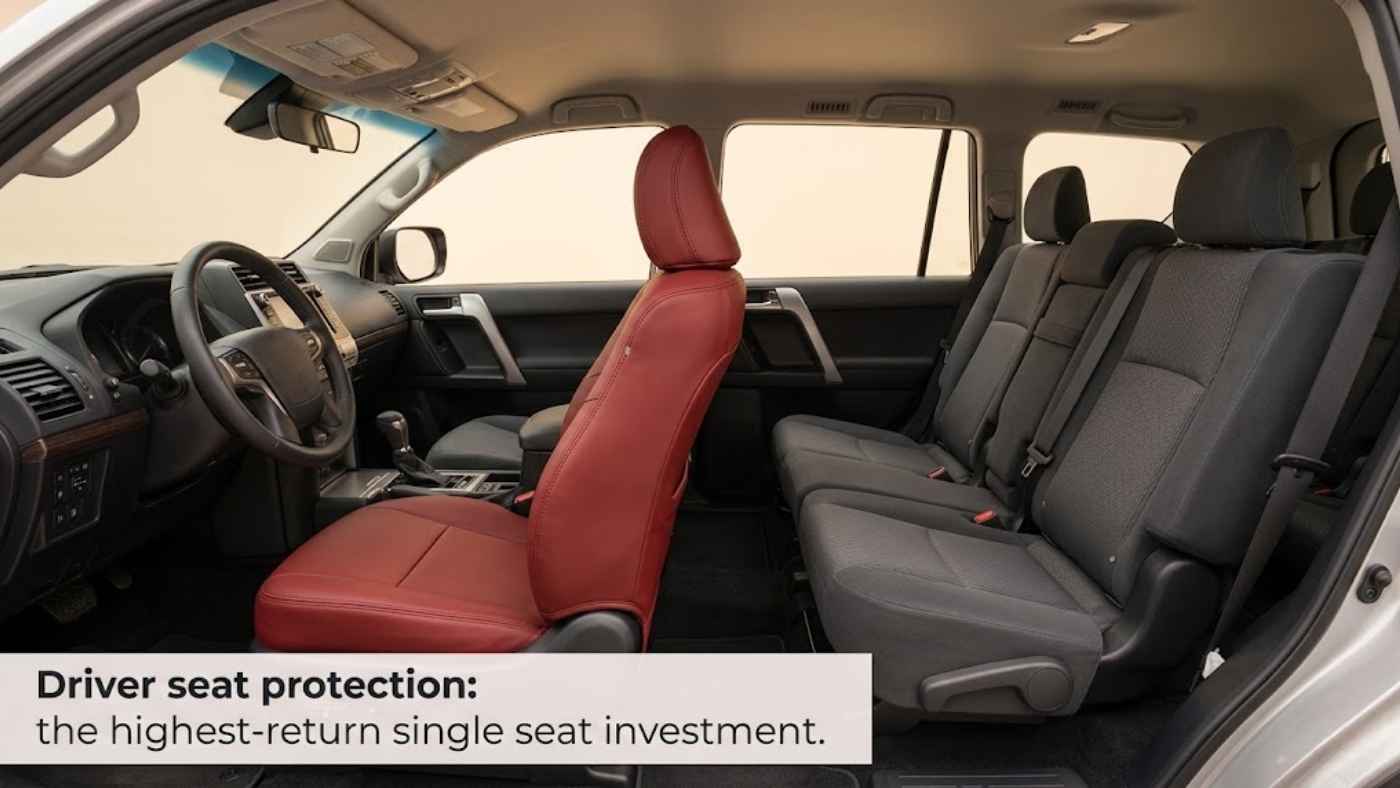 Driver seat fitted with a single seat cover designed to handle higher daily wear than passenger and rear seating positions.