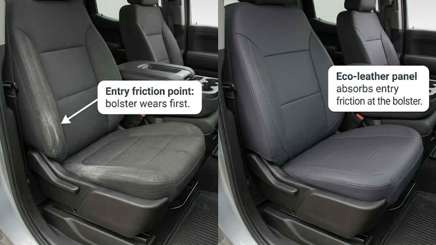 Comparison shows worn upholstery beside a perforated eco-leather single seat cover that reduces bolster wear and summer heat.