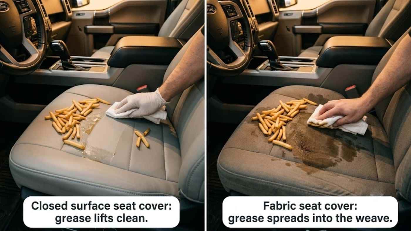 Side-by-side test showing a spill-resistant seat cover wiping away grease while a fabric seat absorbs and spreads the spill.