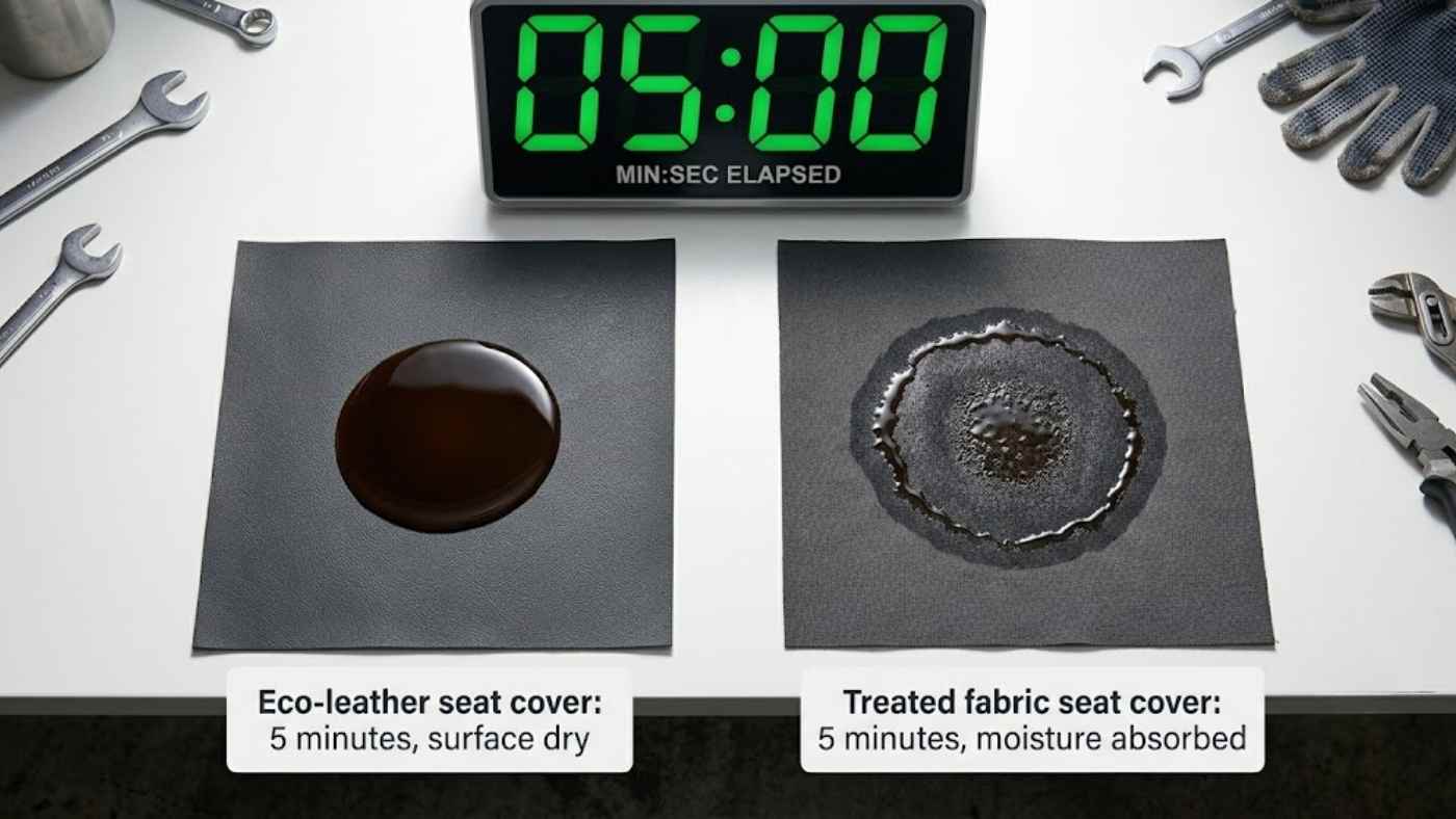 Five-minute spill test comparing eco-leather and treated fabric seat covers, showing superior liquid resistance on eco-leather.