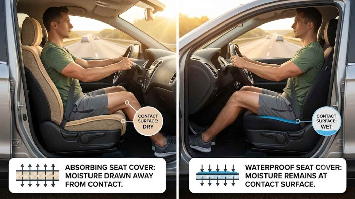 Comparison of sweat-absorbent and waterproof seat covers showing dry and wet contact surfaces for gym commuters.