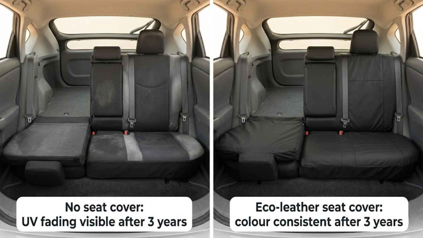 Split car rear seat comparison showing UV-faded fabric beside eco-leather seat cover with colour consistent after 3 years.
