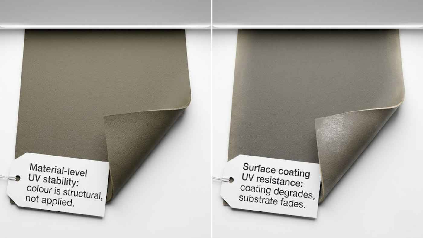 Material-level UV-resistant seat cover compared with UV-coated surface showing longer colour stability against sun damage.