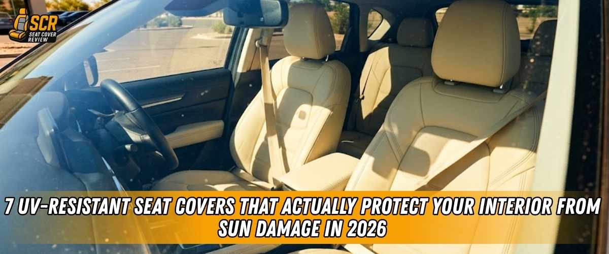 Beige car interior with UV-resistant seat covers shielding seats from harsh sunlight and long-term sun damage in 2026.