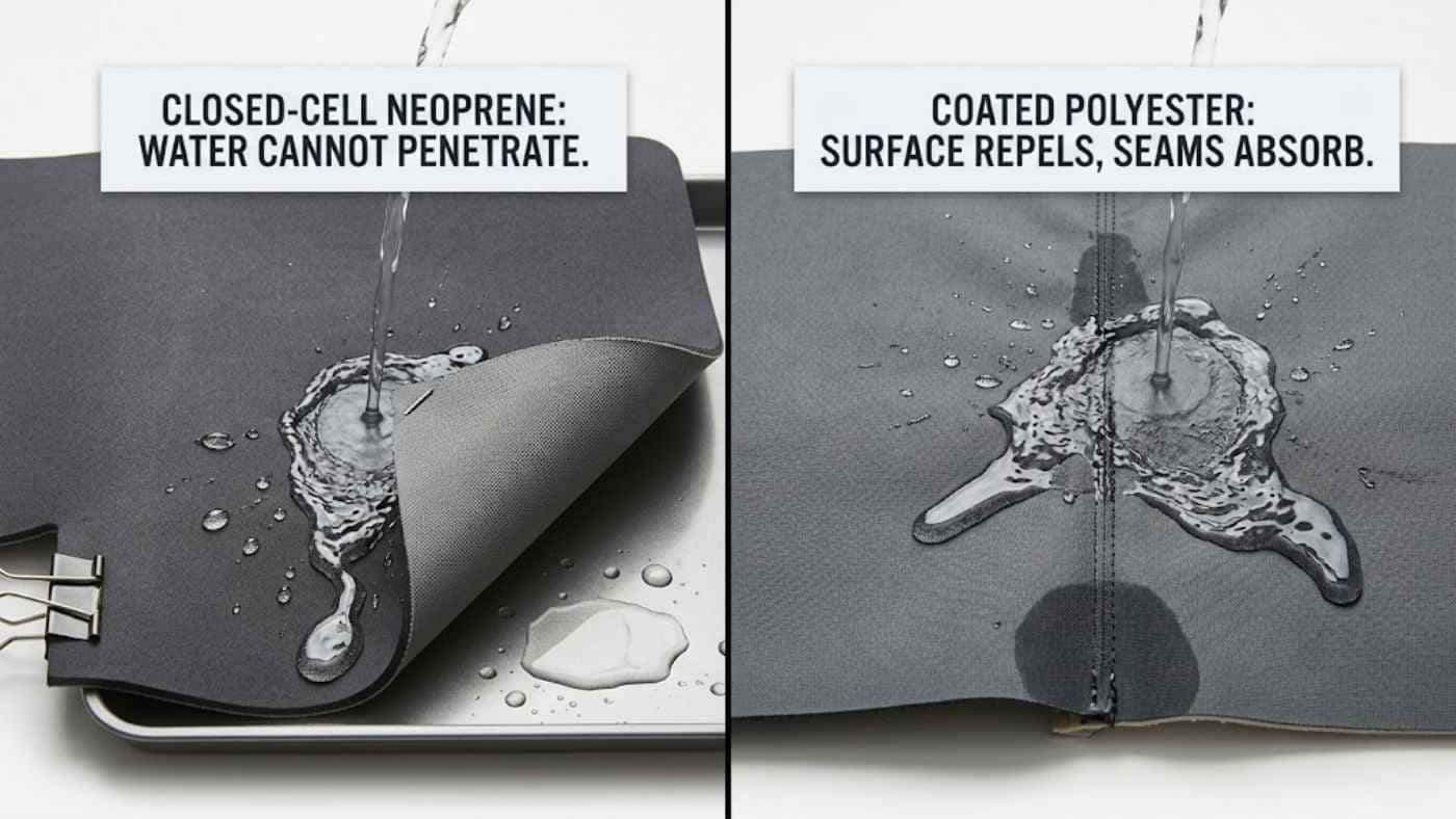 Waterproof rear seat cover materials compared, showing neoprene blocking water while coated polyester absorbs at the seams.