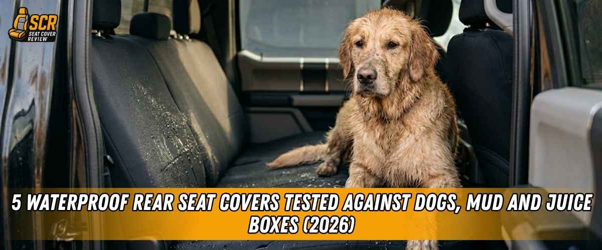 Wet dog on truck rear seat with waterproof rear seat cover resisting mud, spills, and everyday family messes.