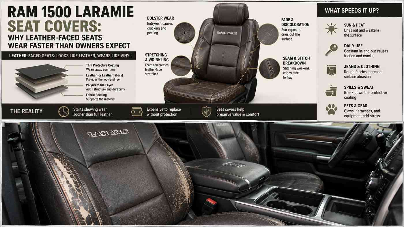 Ram 1500 Laramie leather-faced seat showing driver bolster peeling, wear hotspots and seat cover protection guide.
