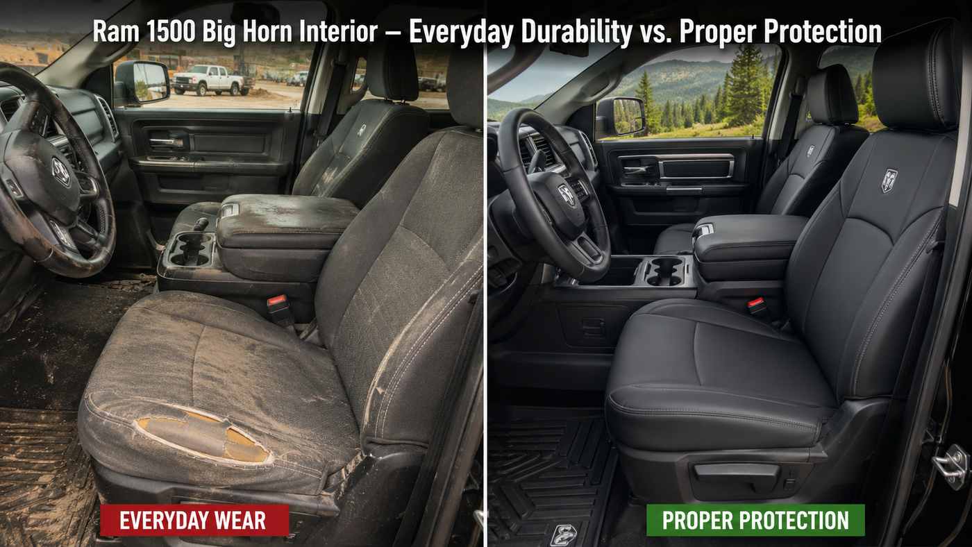 Side-by-side Ram 1500 Warlock seat comparison showing worn cloth versus protected seats with Ram 1500 Warlock Seat Covers.