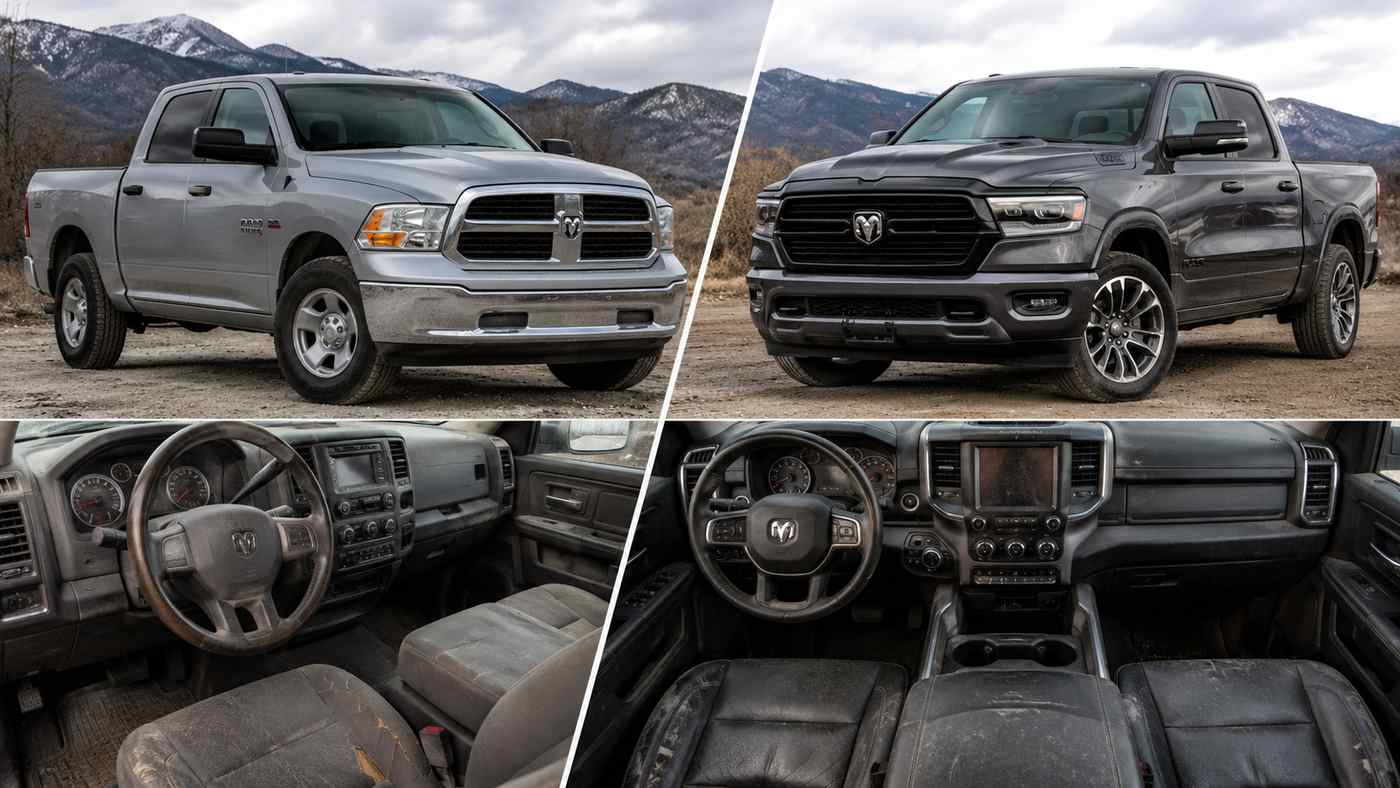 Ram 1500 Classic and new generation trucks compared through exterior styling and interior layout side by side.