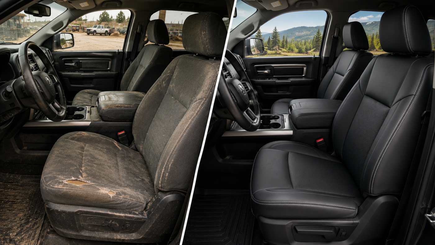 Ram 1500 front seats comparing heavy driver seat wear with a restored interior, reflecting common fifth-generation wear patterns.