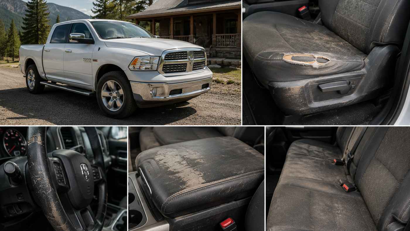 High-mileage Ram 1500 EcoDiesel interior showing seat, console, and steering wheel wear from years of highway driving.