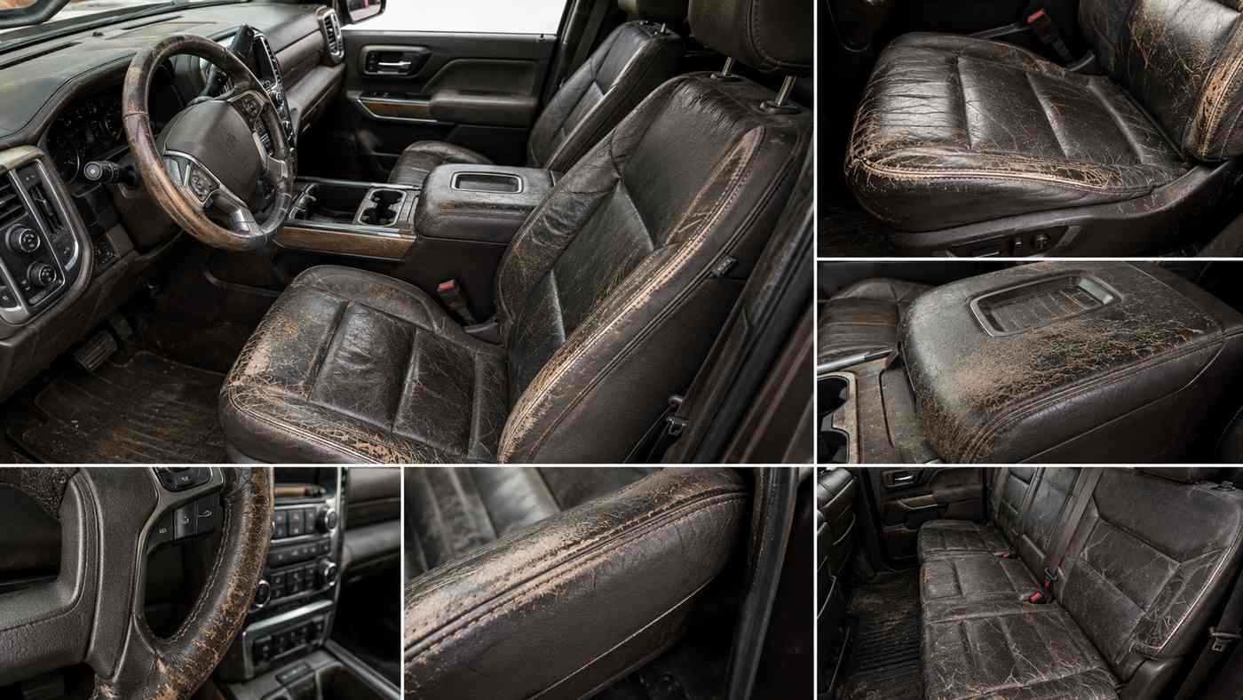 Worn Silverado 1500 High Country leather seats with cracked bolsters and faded surfaces showing long-term interior wear.