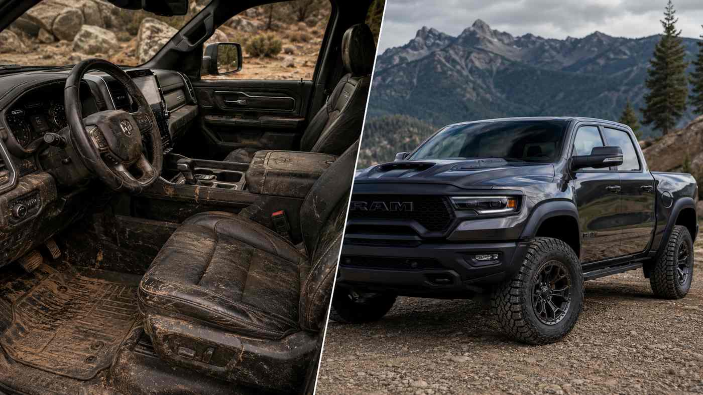 Ram 1500 TRX muddy interior beside clean exterior, showing how extreme off-road use accelerates cabin and seat wear.