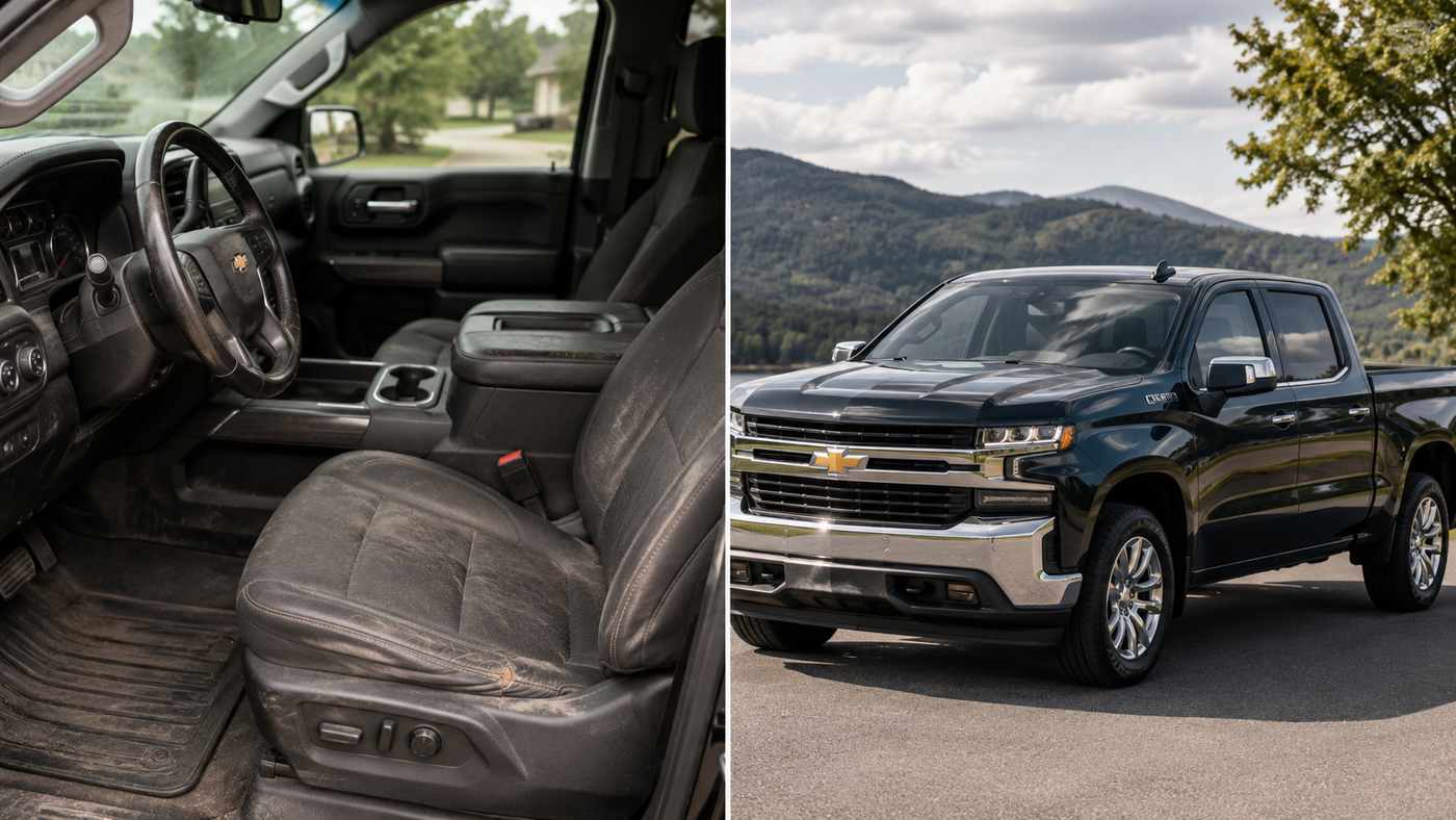 Worn Silverado 1500 LT driver seat beside the truck exterior, showing interior wear after 50,000 miles of daily driving.