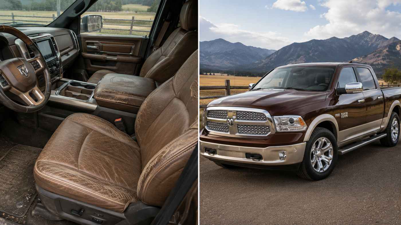 Ram 1500 Longhorn worn leather seats beside exterior view, showing premium upholstery aging and care needs over time.
