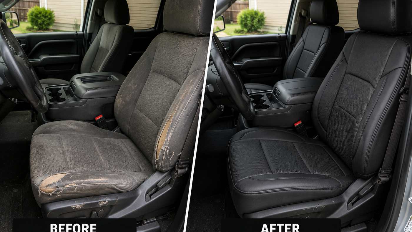 Before and after Silverado 1500 Custom Trim Interior driver seat showing worn cloth protected with fitted seat covers.