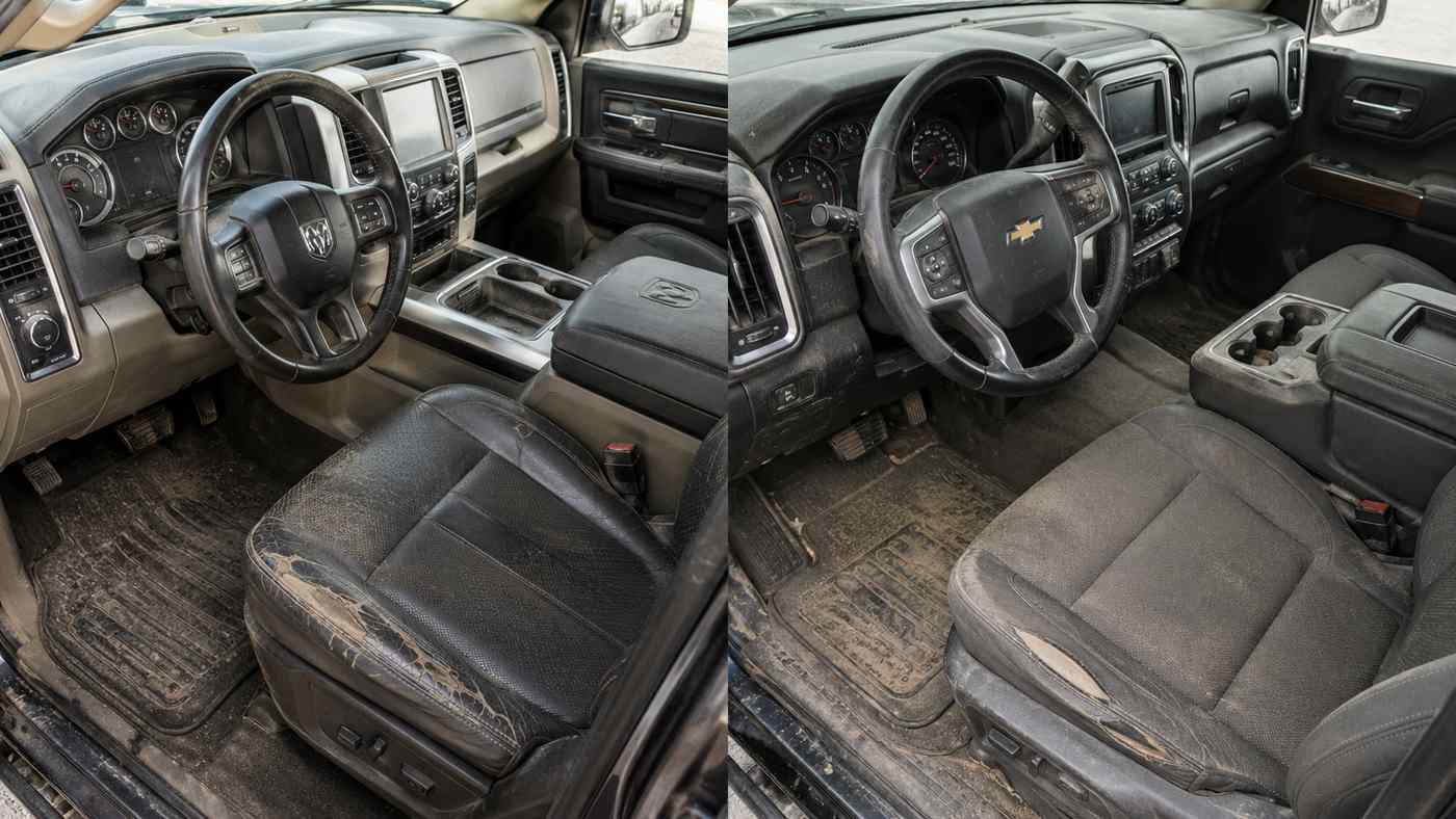 Worn Ram 1500 and Chevy Silverado 1500 front seats compare real-world interior wear after years of daily driving and use.