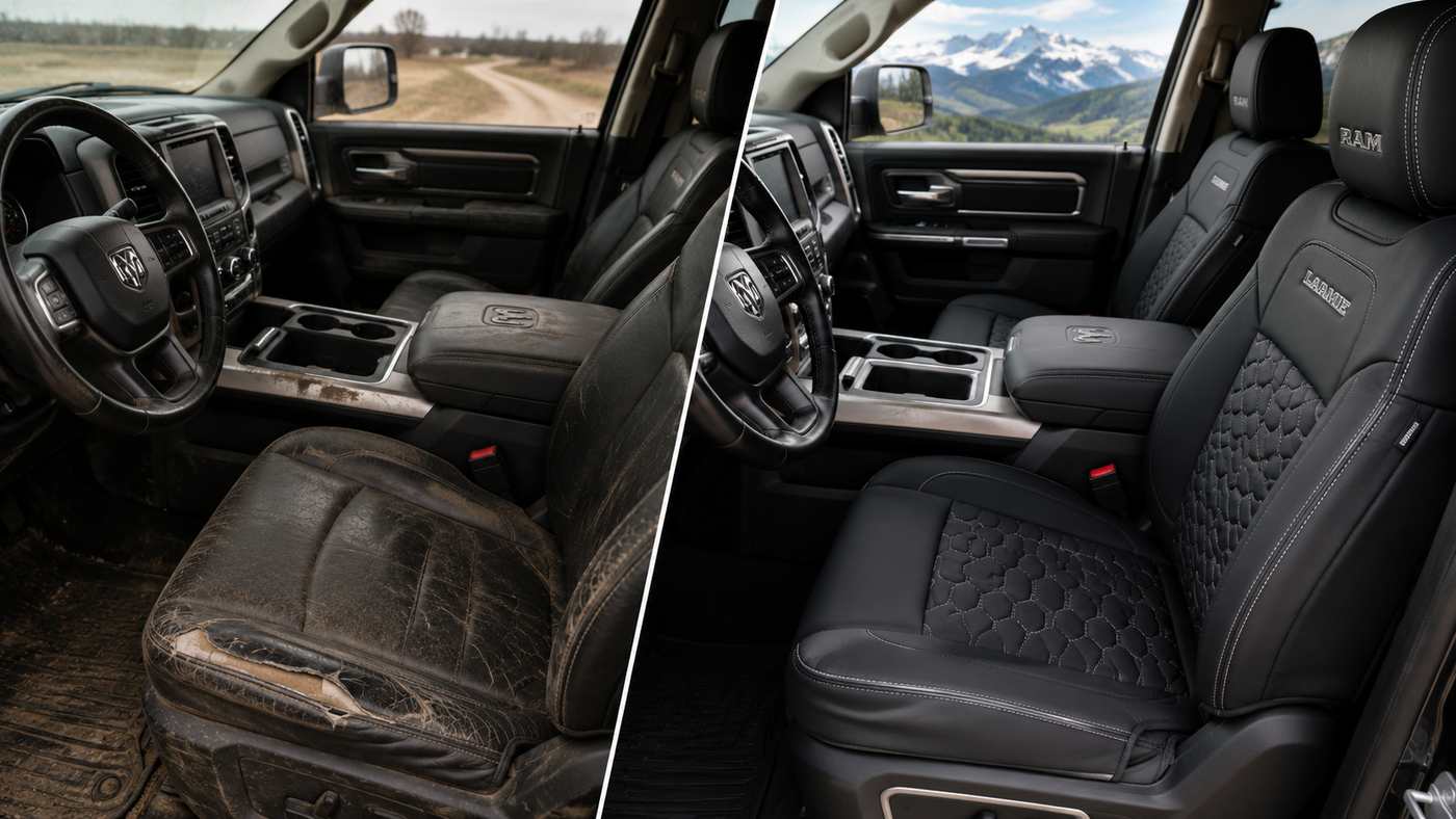 Comparison of Ram 1500 Crew Cab front seats showing worn upholstery beside custom-fit seat covers for lasting protection.
