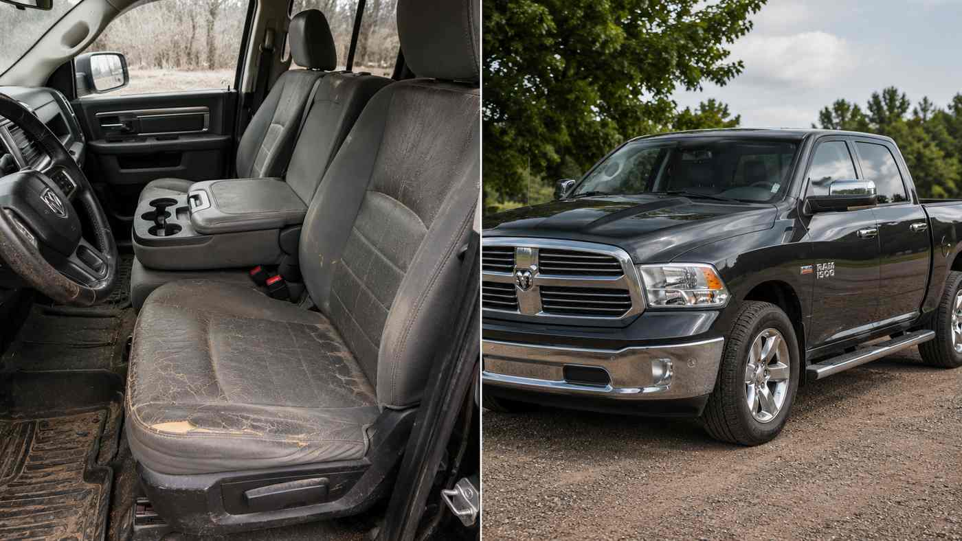 Worn Ram 1500 40/20/40 bench seat beside truck exterior showing common wear areas before installing custom seat covers.