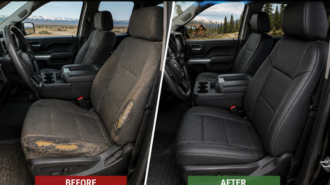 Silverado 1500 before and after front seat upgrade showing damaged upholstery replaced with durable fitted seat covers.