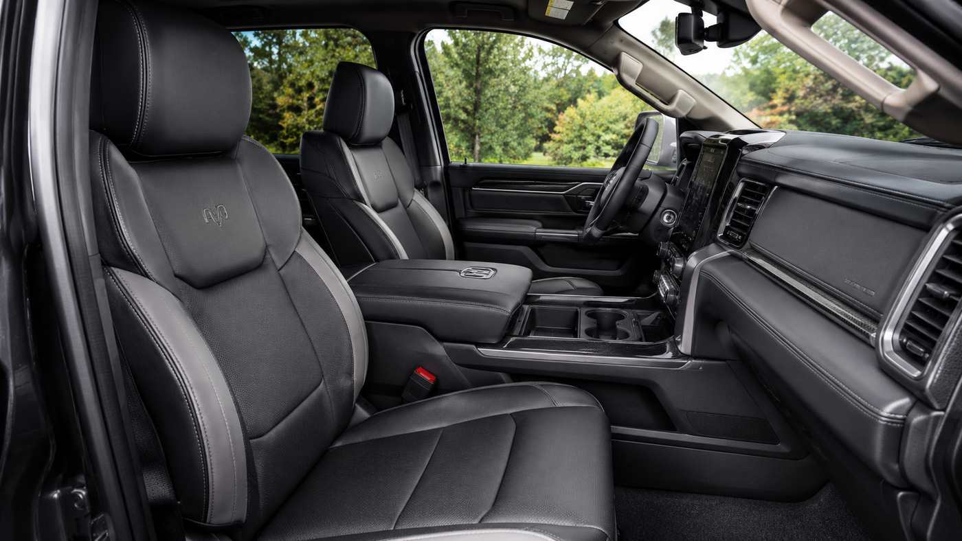 Ram 1500 premium leather seats highlighting the durable interior materials found on Longhorn and Limited trim levels.