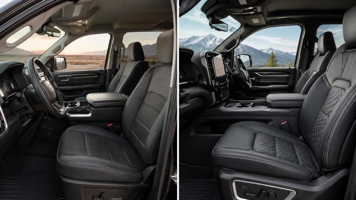 Comparison of Ram 1500 Classic and new generation interiors with updated seats, center console, and cabin layout.