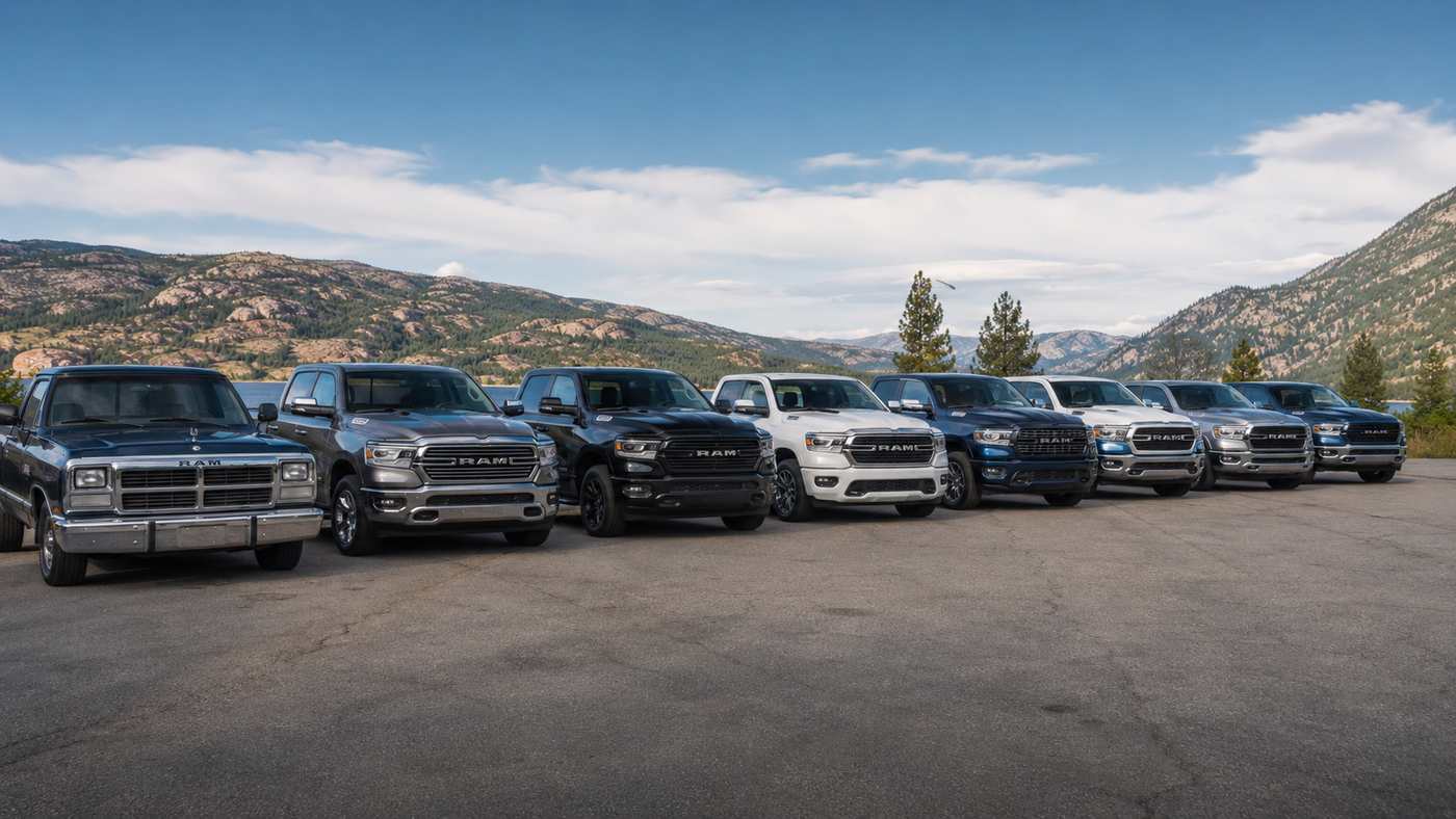 Ram 1500 models from different years illustrating seat wear by year and trim-level interior durability comparisons.
