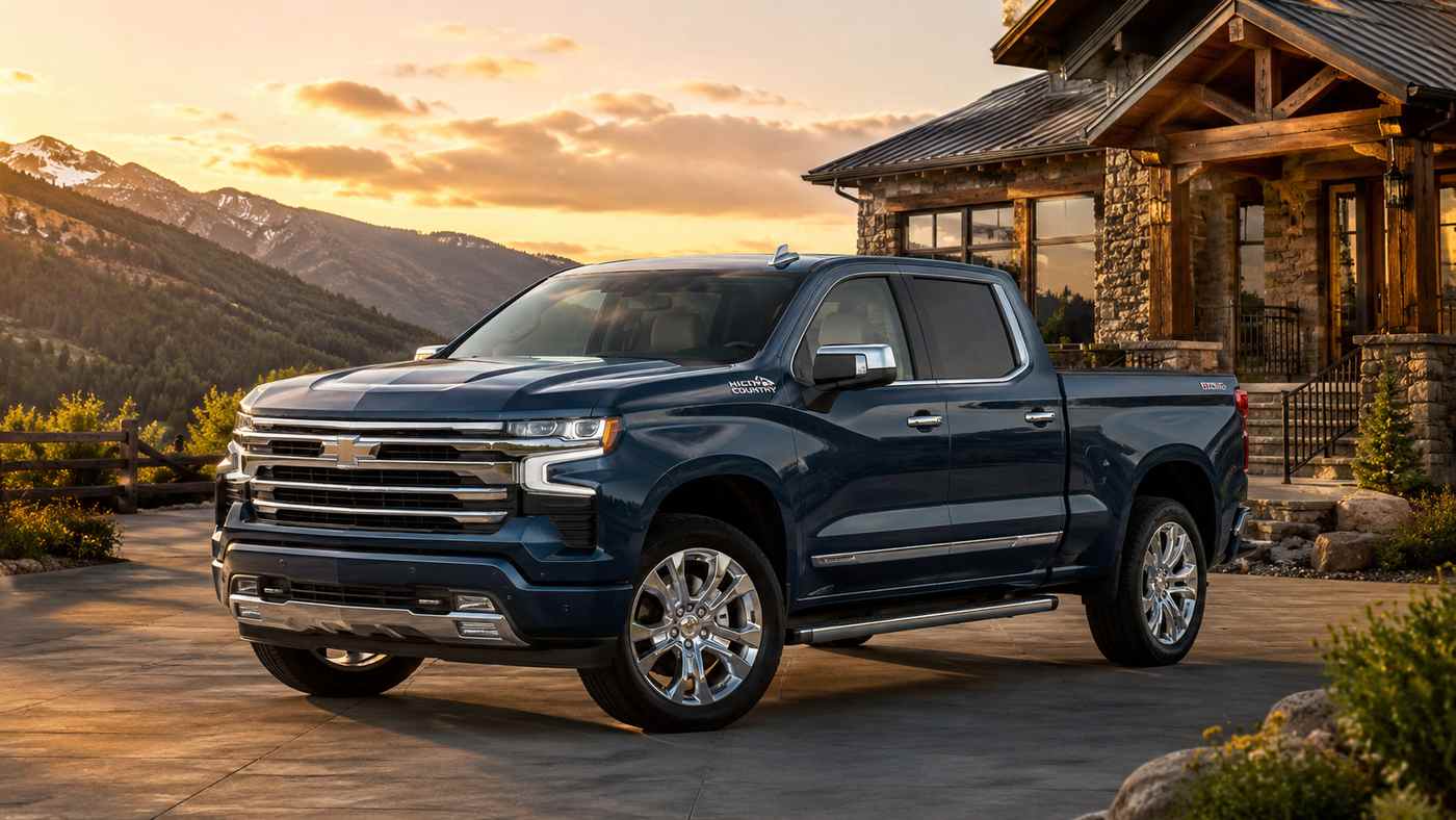 Blue Silverado 1500 High Country parked outside a luxury home, highlighting the premium truck before interior care begins.