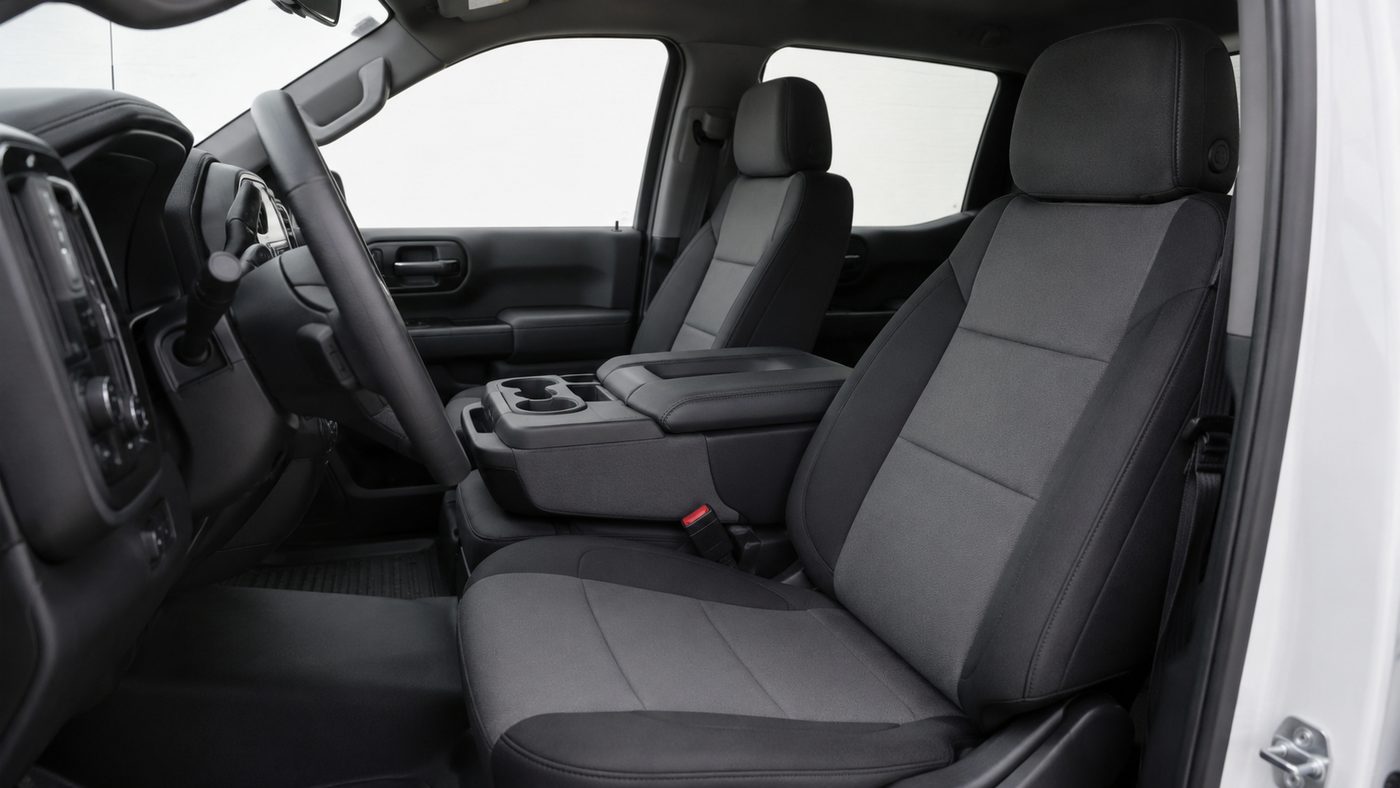 Clean Silverado 1500 Work Truck interior with factory cloth seats before years of contractor job-site wear and staining.