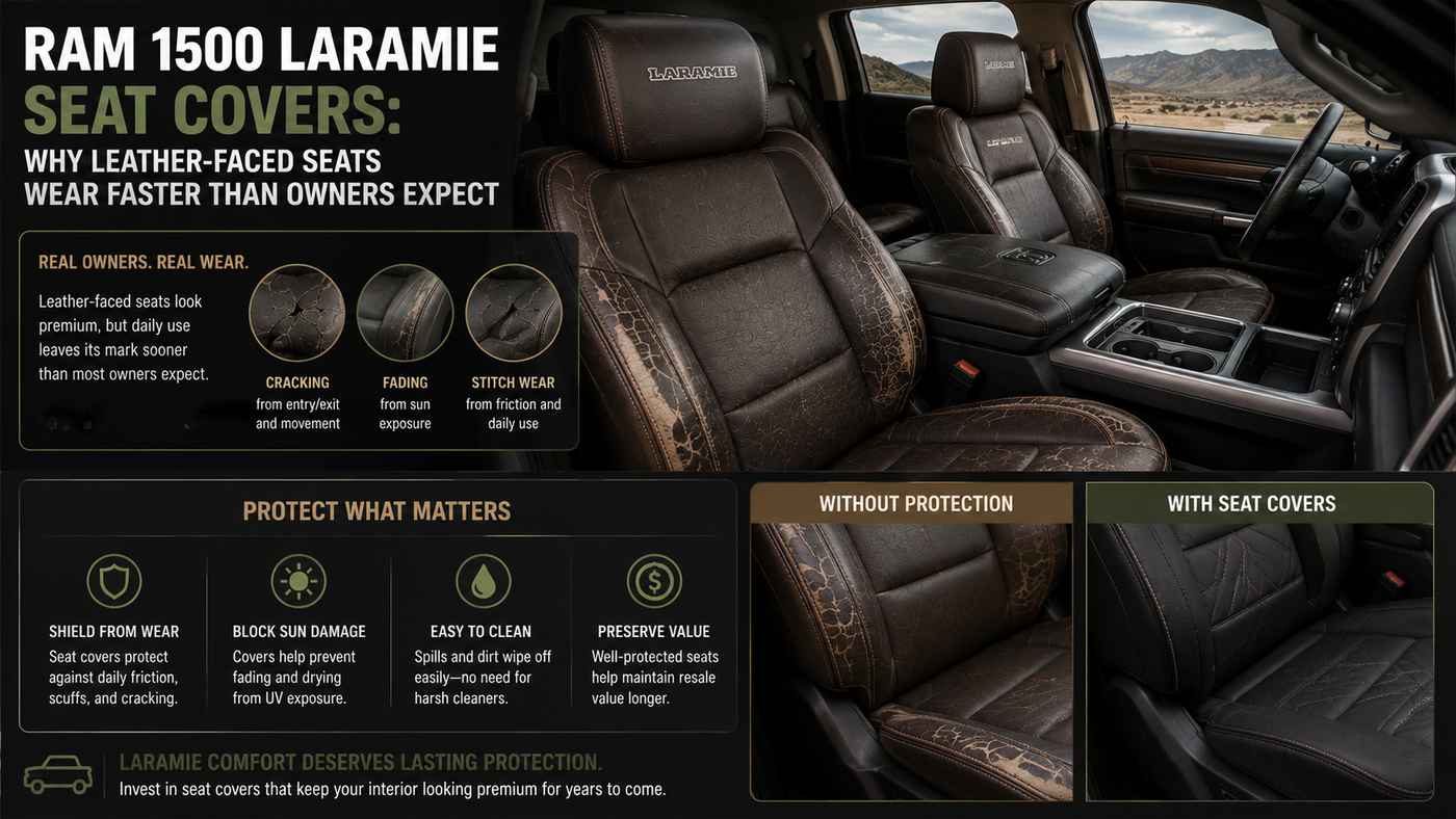Ram 1500 Laramie leather-faced seats with bolster cracking, fading and fitted seat covers preventing premature wear.