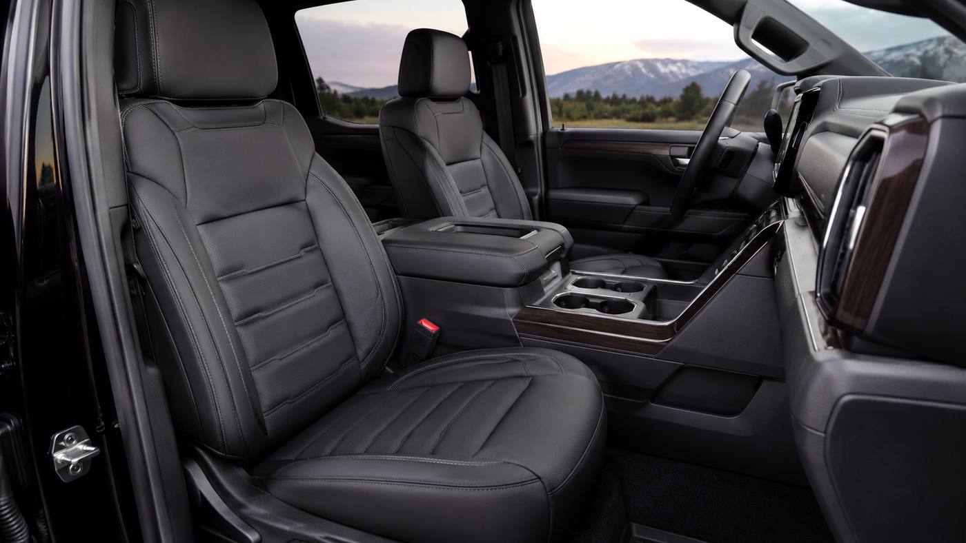 Leather front seats inside a Chevrolet truck showing the Silverado 1500 RST Interior with durable sport inspired styling.