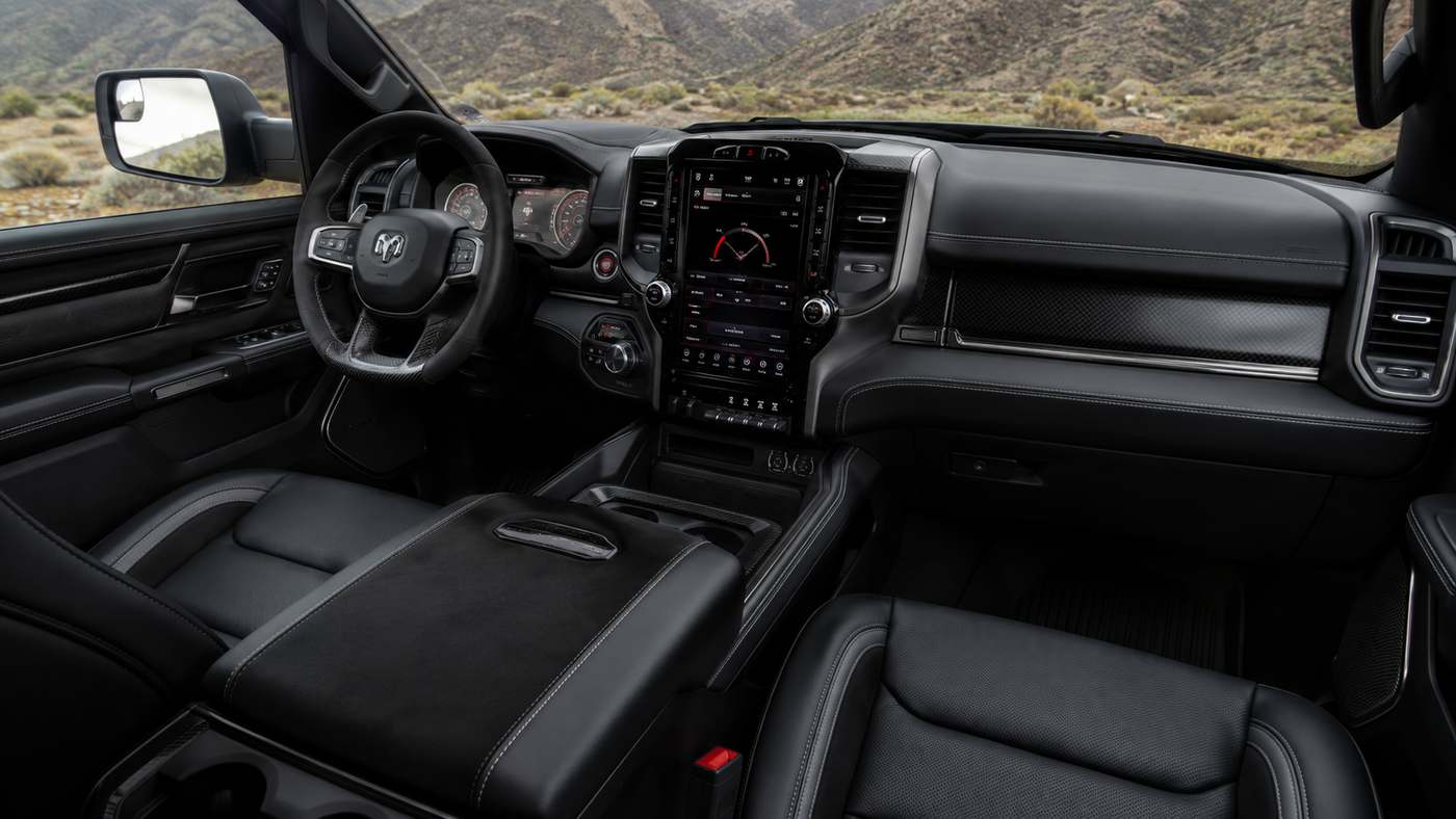 Ram 1500 TRX premium leather interior with sport seats and dashboard before extreme off-road use and long-term cabin wear.