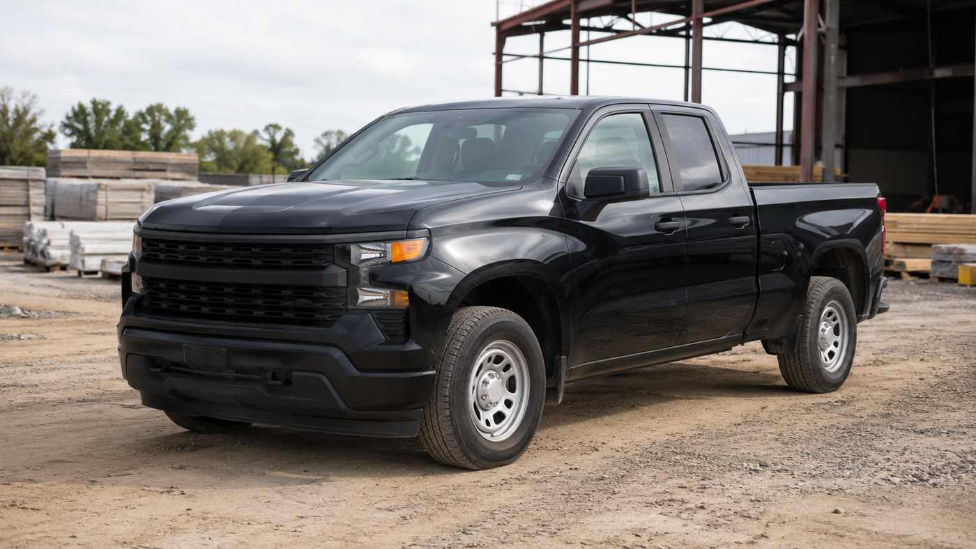 Black Chevrolet Silverado 1500 Custom work truck highlighting the Silverado 1500 Custom Trim Interior for daily job site use.
