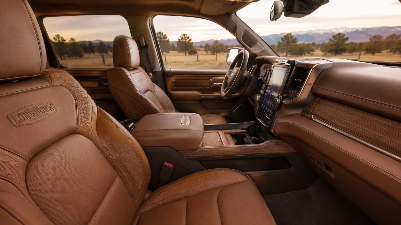 Ram 1500 Longhorn cabin with premium saddle leather seats, showcasing the interior owners protect through consistent care.