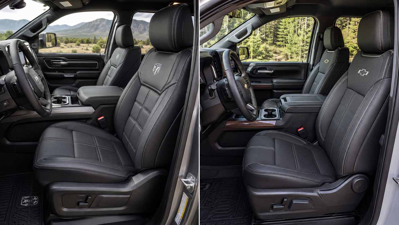 Ram 1500 Limited and Chevy Silverado High Country leather seats compare premium interior quality and long-term durability.