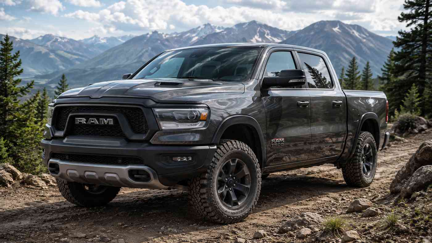 Ram 1500 Crew Cab parked off-road, representing a truck whose five-seat interior benefits from custom-fit seat protection.