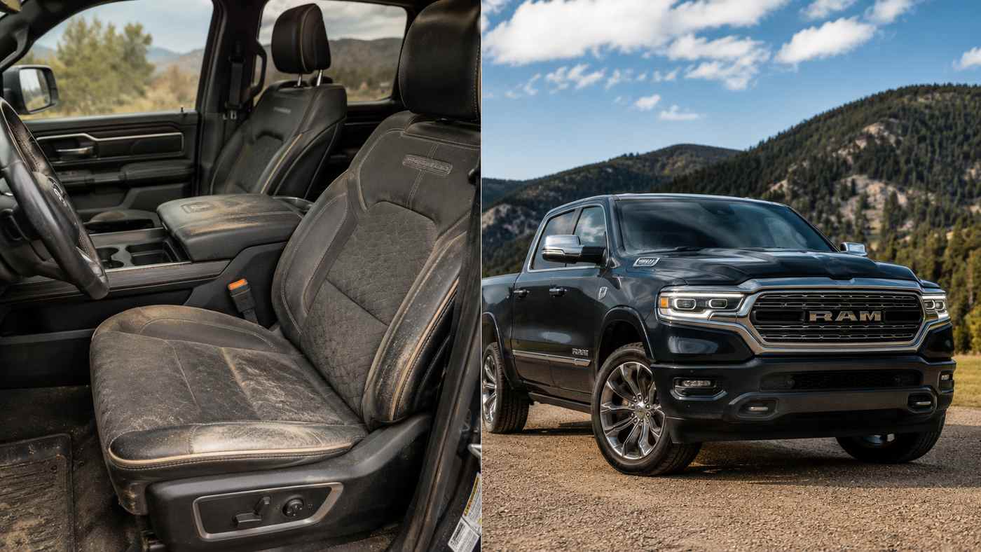 Ram 1500 Limited interior with worn suede front seats beside the truck, showing luxury cabin wear over time clearly.