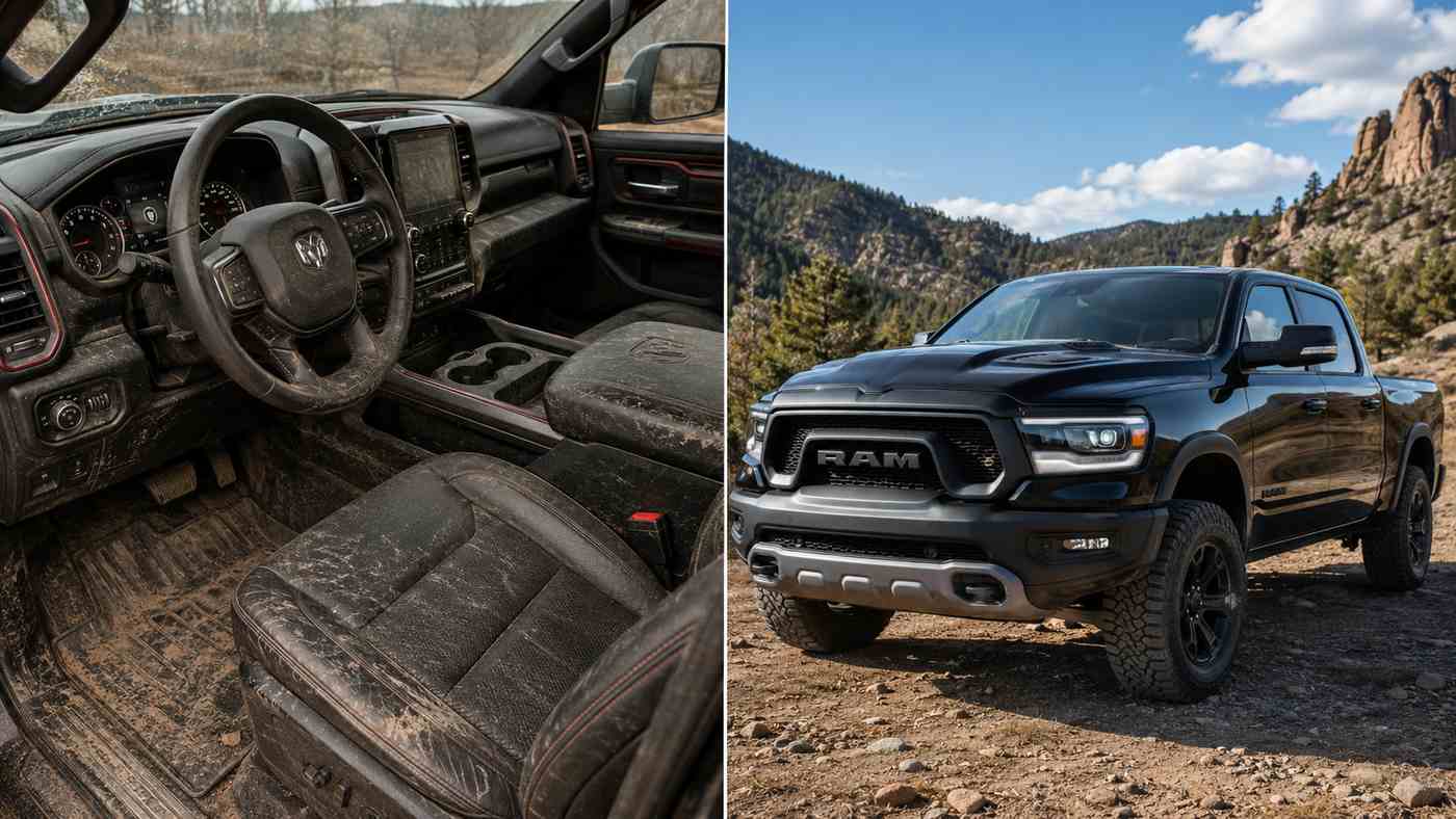 Ram 1500 Rebel interior with trail dust beside the truck, showing how off-road use affects cabin wear and seat condition.
