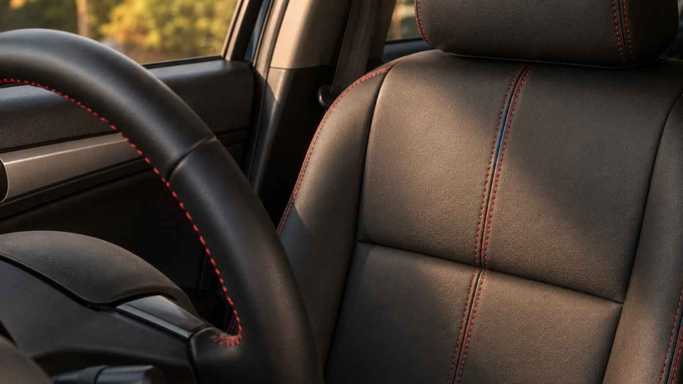 Black eco-leather driver seat with red contrast stitching, highlighting factory-style sport interior detail and finish.
