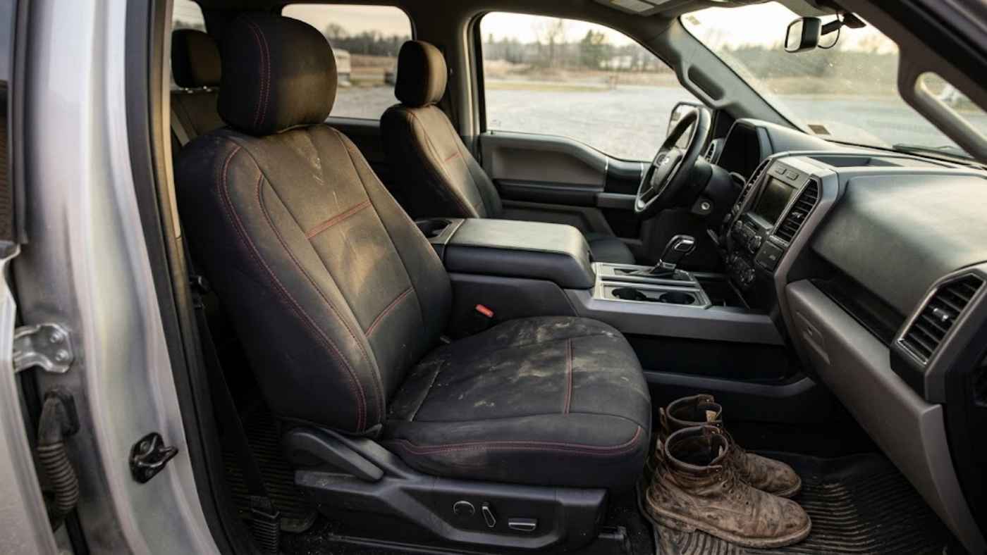Truck cabin with black seat covers and red stitching, showing durable sport-inspired upholstery for everyday driving use.