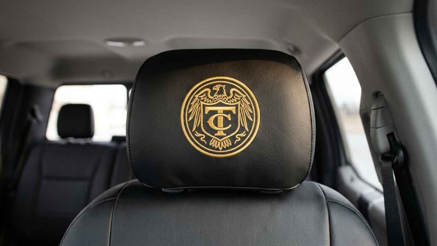 Black eco-leather headrest with premium gold logo embroidery showcasing a custom-ordered seat cover finish for interiors.