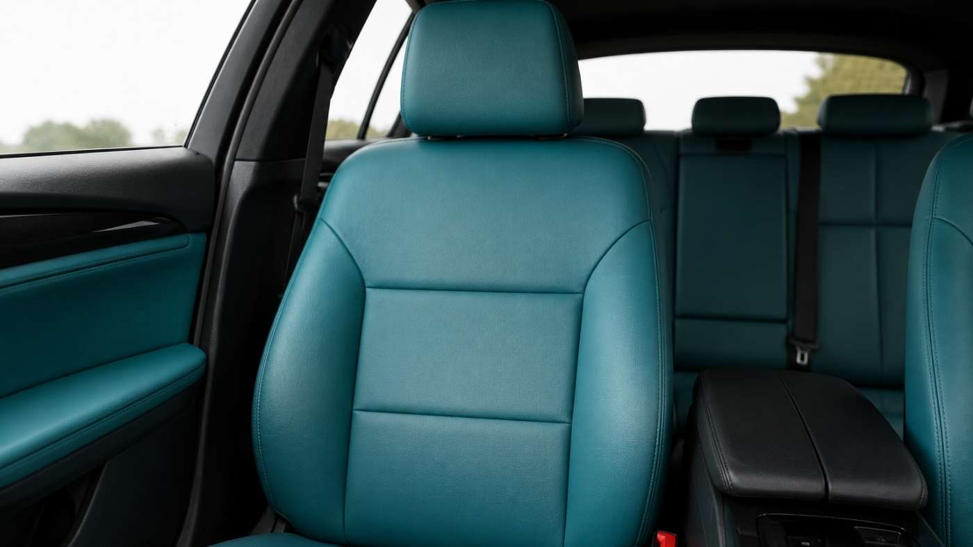 Slim-fit teal eco-leather car seat cover preserving factory seat shape with zero added bulk and full protection.