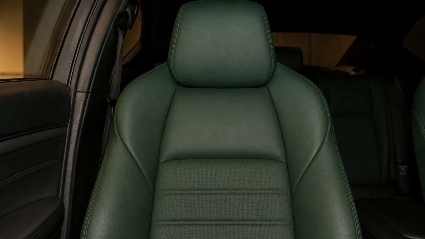 Slim-fit perforated green eco-leather seat cover preserving factory contours with full protection and minimal bulk.
